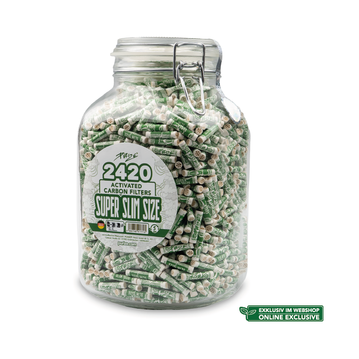 PURIZE® SUPER Slim Size Aktivkohlefilter ø 5,5 mm – 2420er Pack im Glas | Weiß